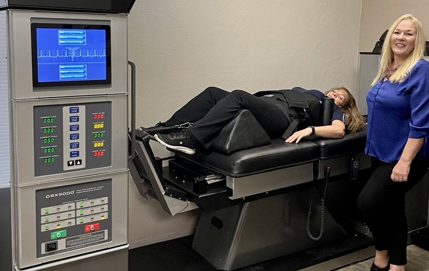 Patient receiving Spinal Decompression as part of the neuropathy treatment protocol at Peninsula RSI Chiropractic Wellness Center in Redwood City